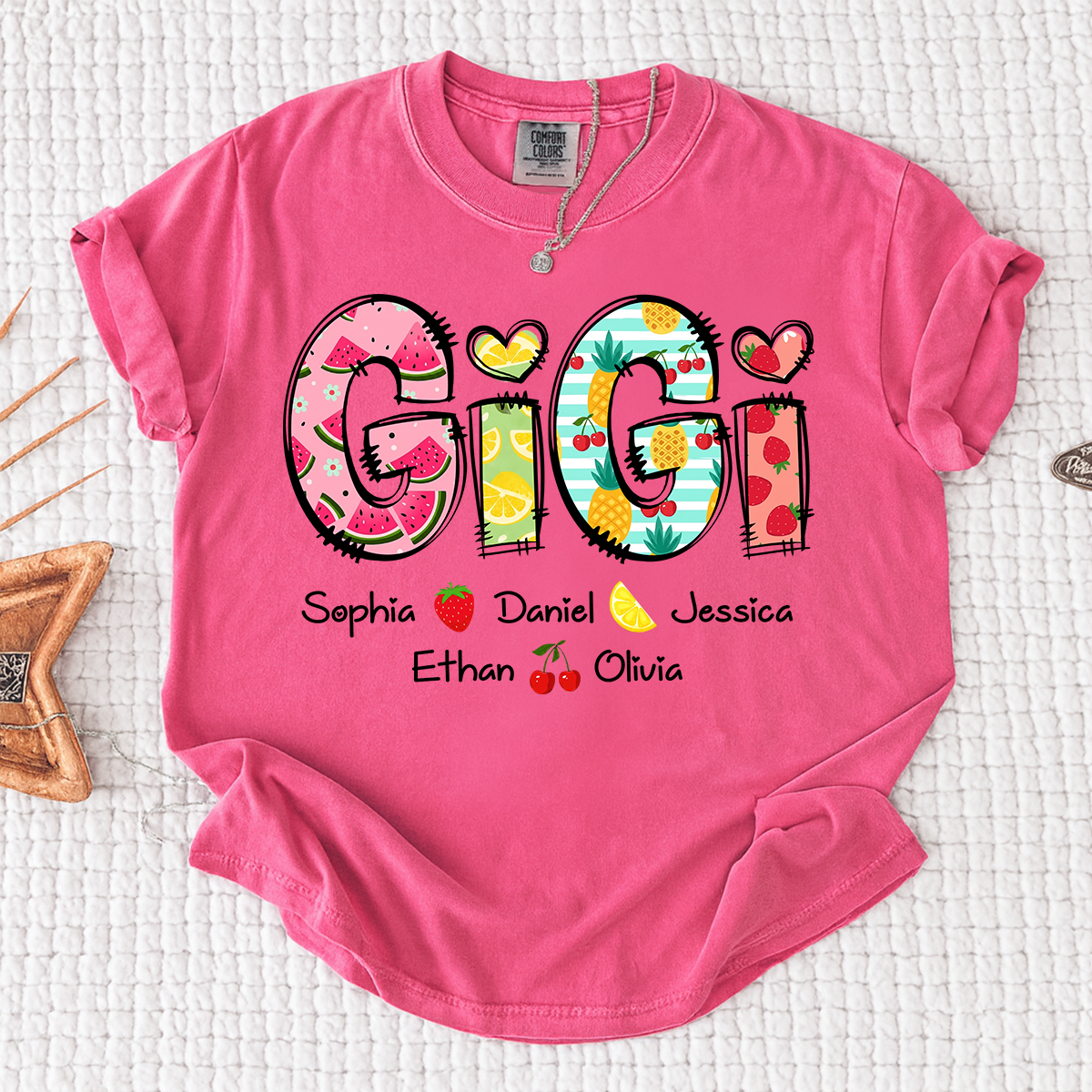 Comfort Colors Custom Gigi Shirt with Kids Names, Personalized Grandma Summer T Shirt, Fruit Pattern Graphic Tee for Nana Mimi Grammy