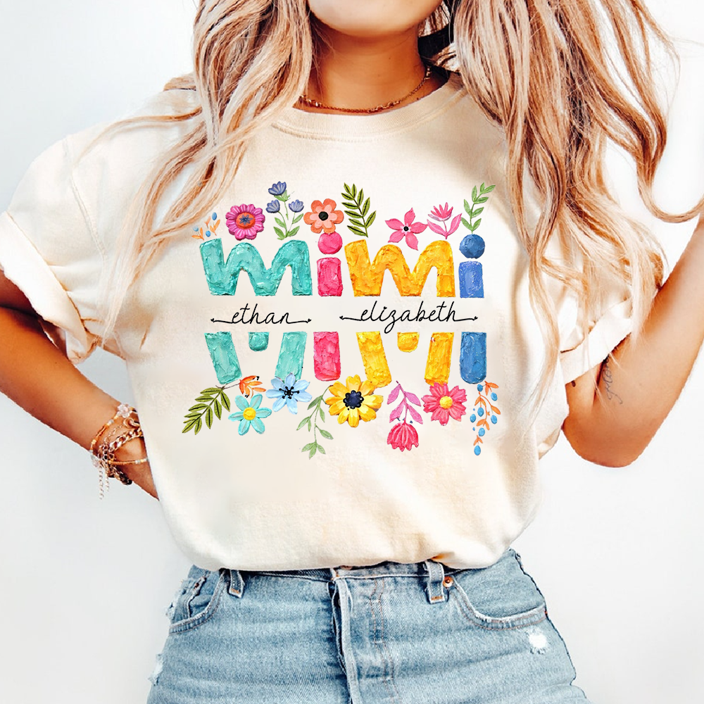 Personalized Mimi Shirt Custom Grandkids Names Floral Letter Graphic Tee Women Family Love Colorful Spring Casual Outfit Top