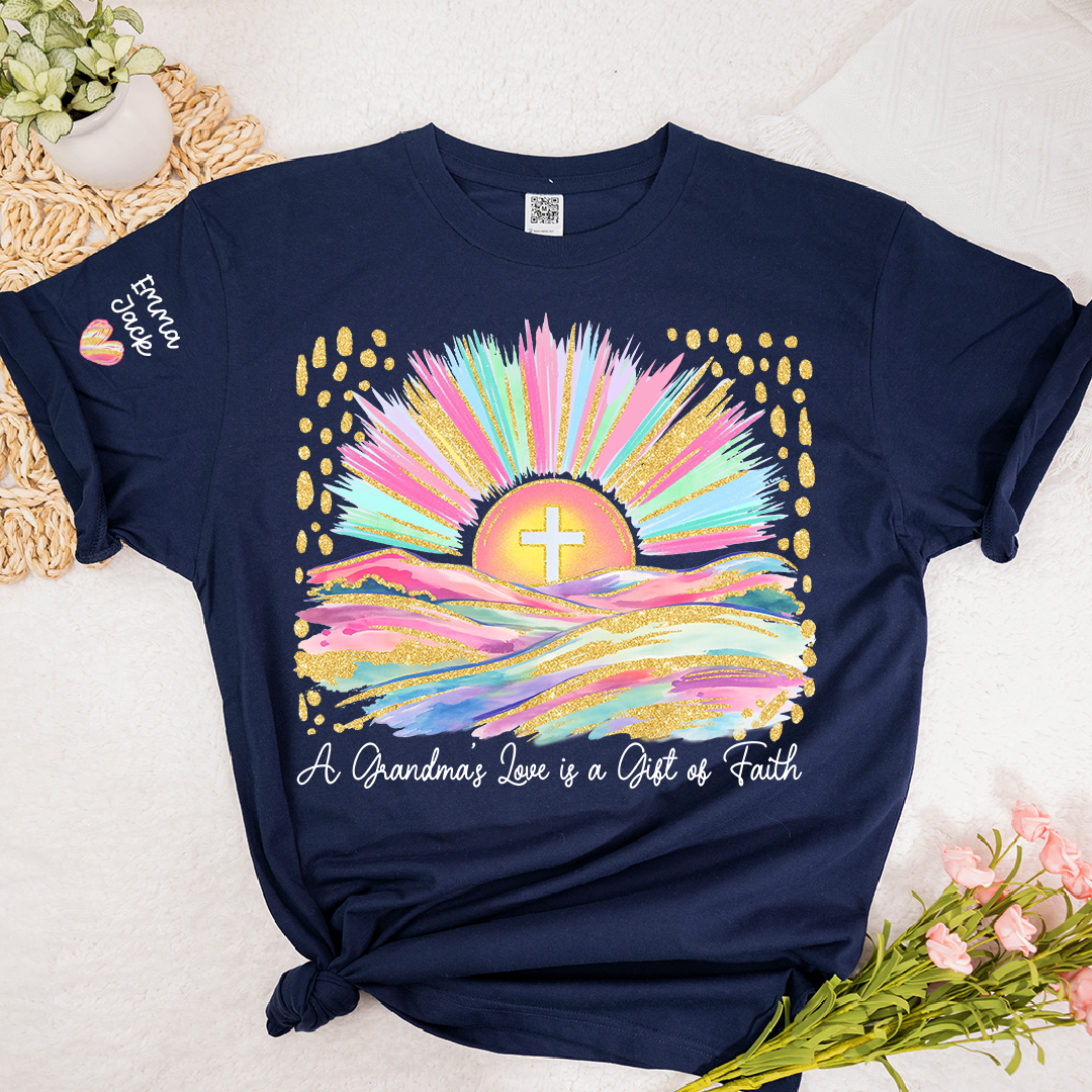 Faith Christian Grandma T-Shirt, Pastel Colorful Sunrise Cross Tee, Cute Personalized Gift for Grandma And Kids