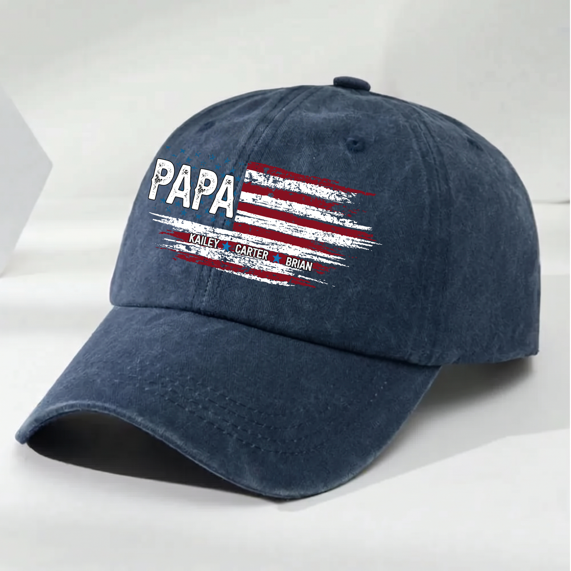 Father Day Shirt, Papa Ands Grandkids Flag American Personalized Custom Vintage Washed Denim Cap