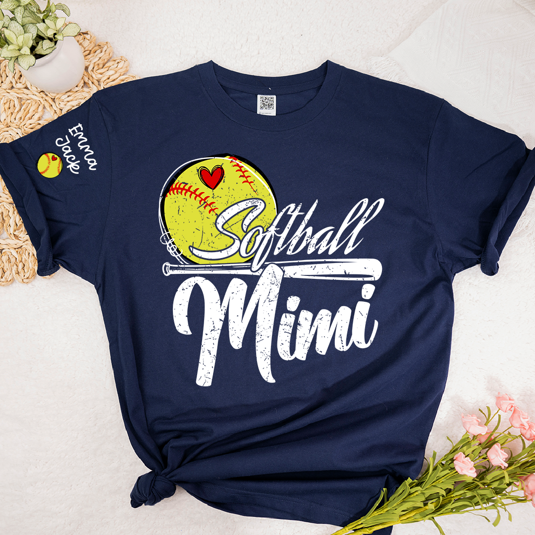 Personalized Mimi Softball Shirt, Heart and Bat Design with Custom Grandkids Names