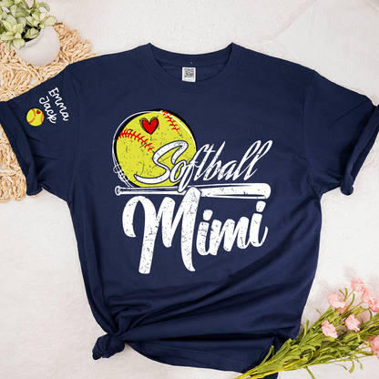 Personalized Mimi Softball Shirt, Heart and Bat Design with Custom Grandkids Names