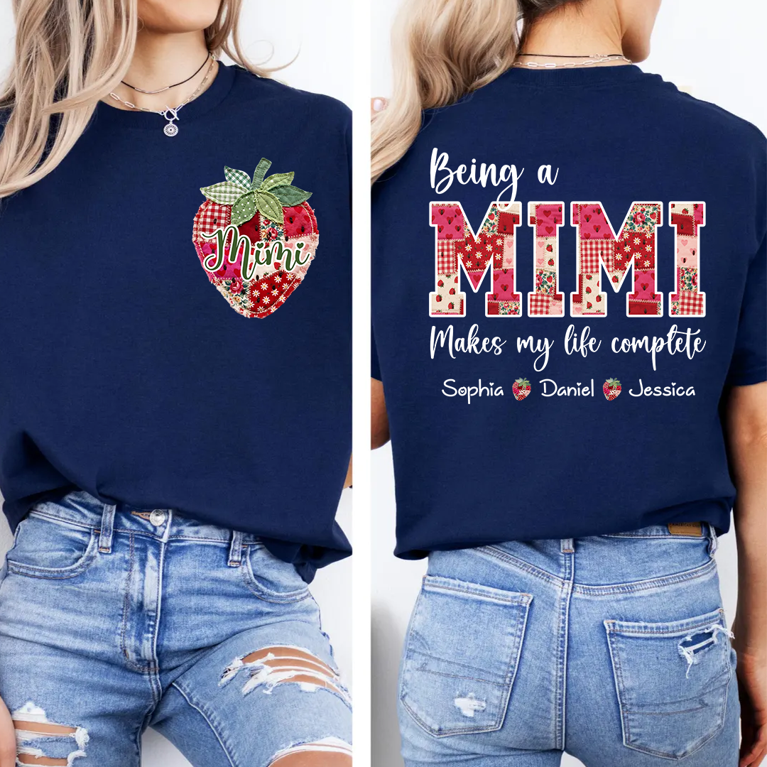 Custom Mimi Shirt with Grandkids Names, Personalized Strawberry Patchwork Tee for Grandma Nana Gigi, Cute Family Gift