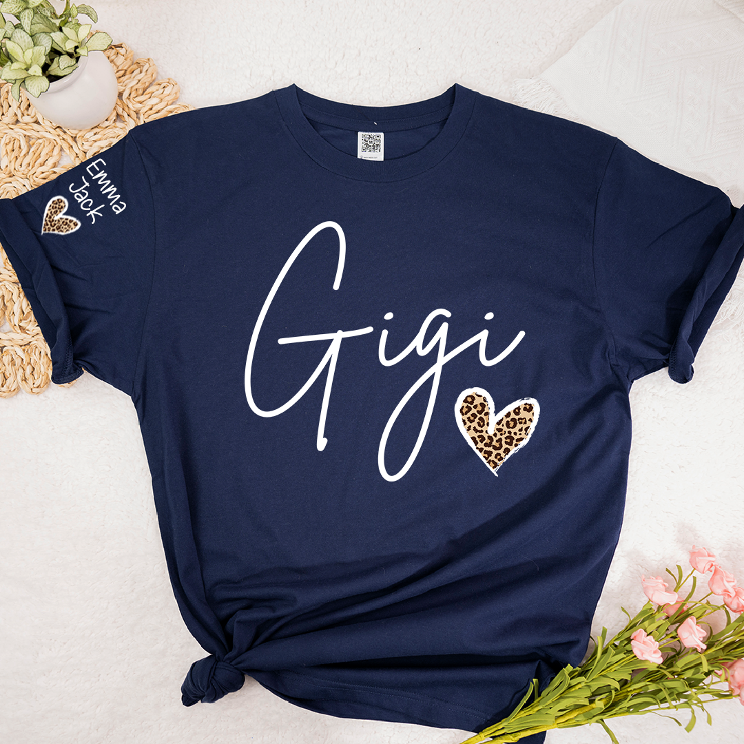 Gigi Shirt for Grandma, Personalized Custom Name Tee with Leopard Print Heart Design
