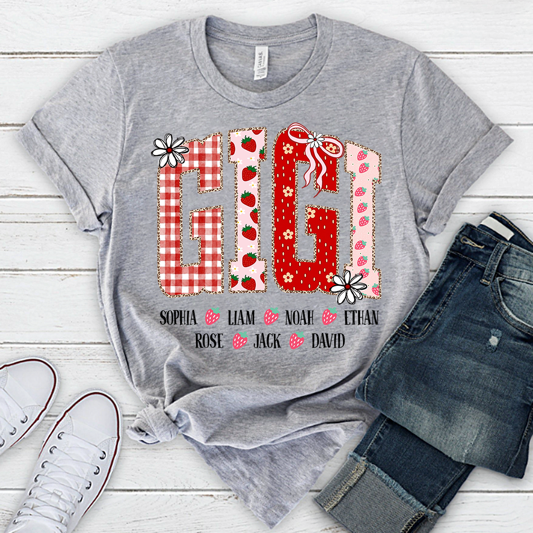 Gigi Personalized Grandma T-Shirt With Strawberry And Flower Motifs, Bearing Her Grandchildren's Names