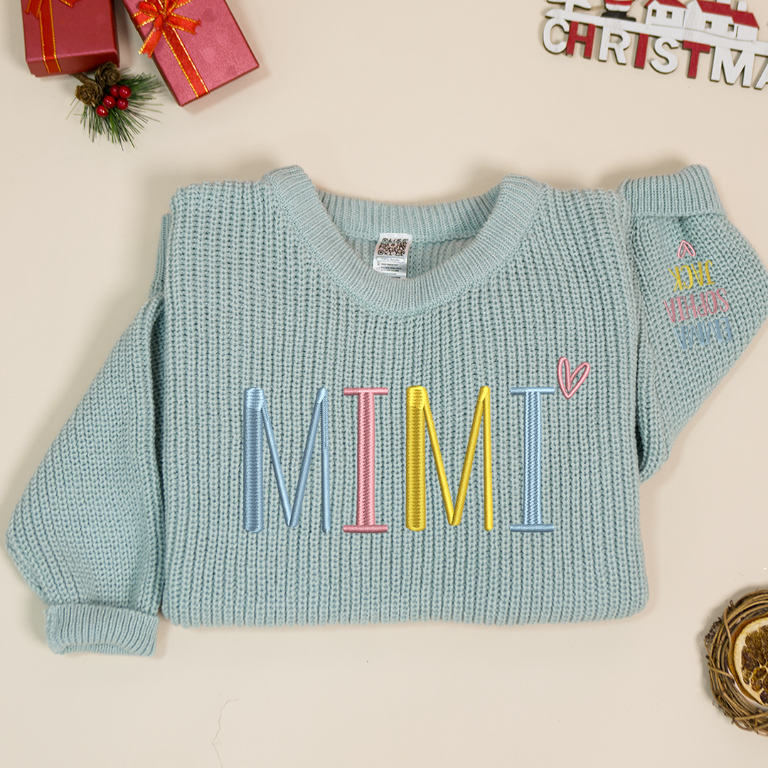 Mimi Embroidered Color  Sweater, Christmas Gift Knit Sweater – Personalized Mama Claus Sweater with Festive Design