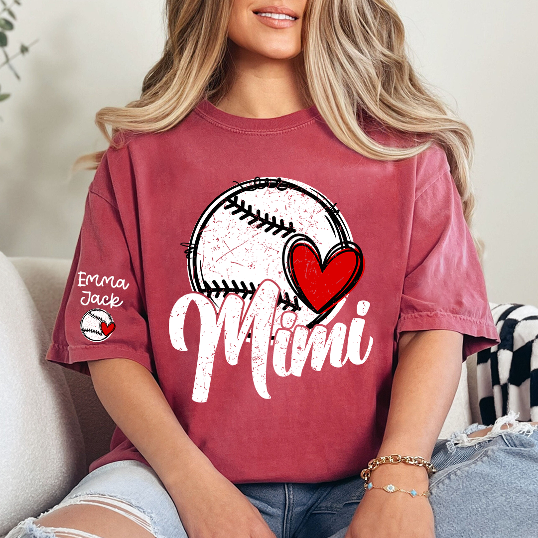 Personalized Mimi Baseball Shirt, Heart and Bat Design with Custom Names