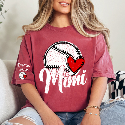 Personalized Mimi Baseball Shirt, Heart and Bat Design with Custom Names