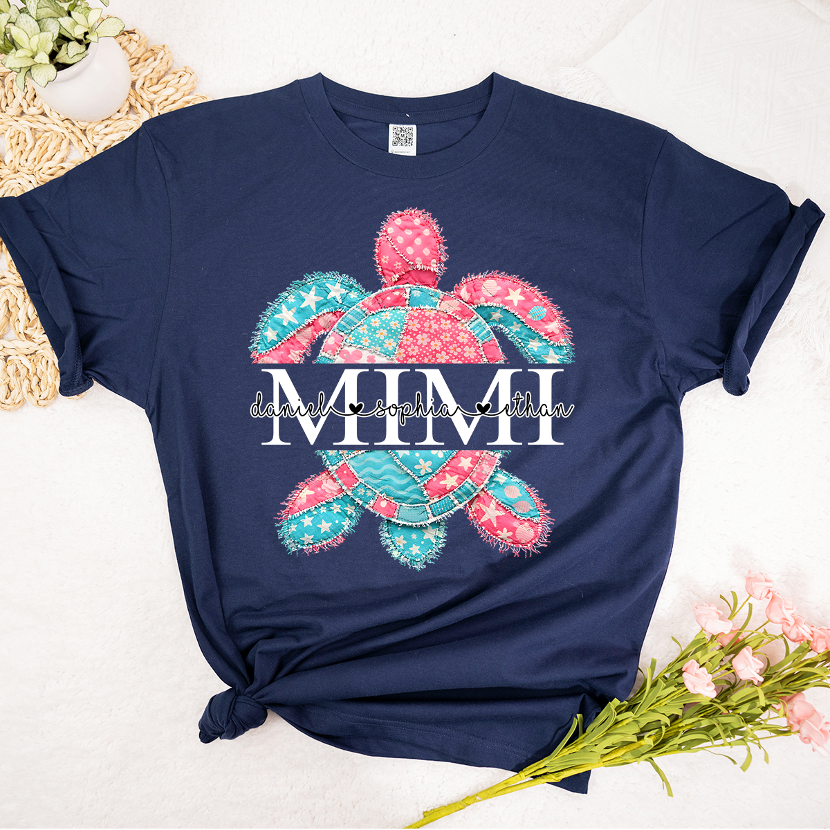 Custom Mimi T Shirt with Grandchildren Names, Colorful Patchwork Sea Turtle Graphic Tee, Beach Lover Gift for Women