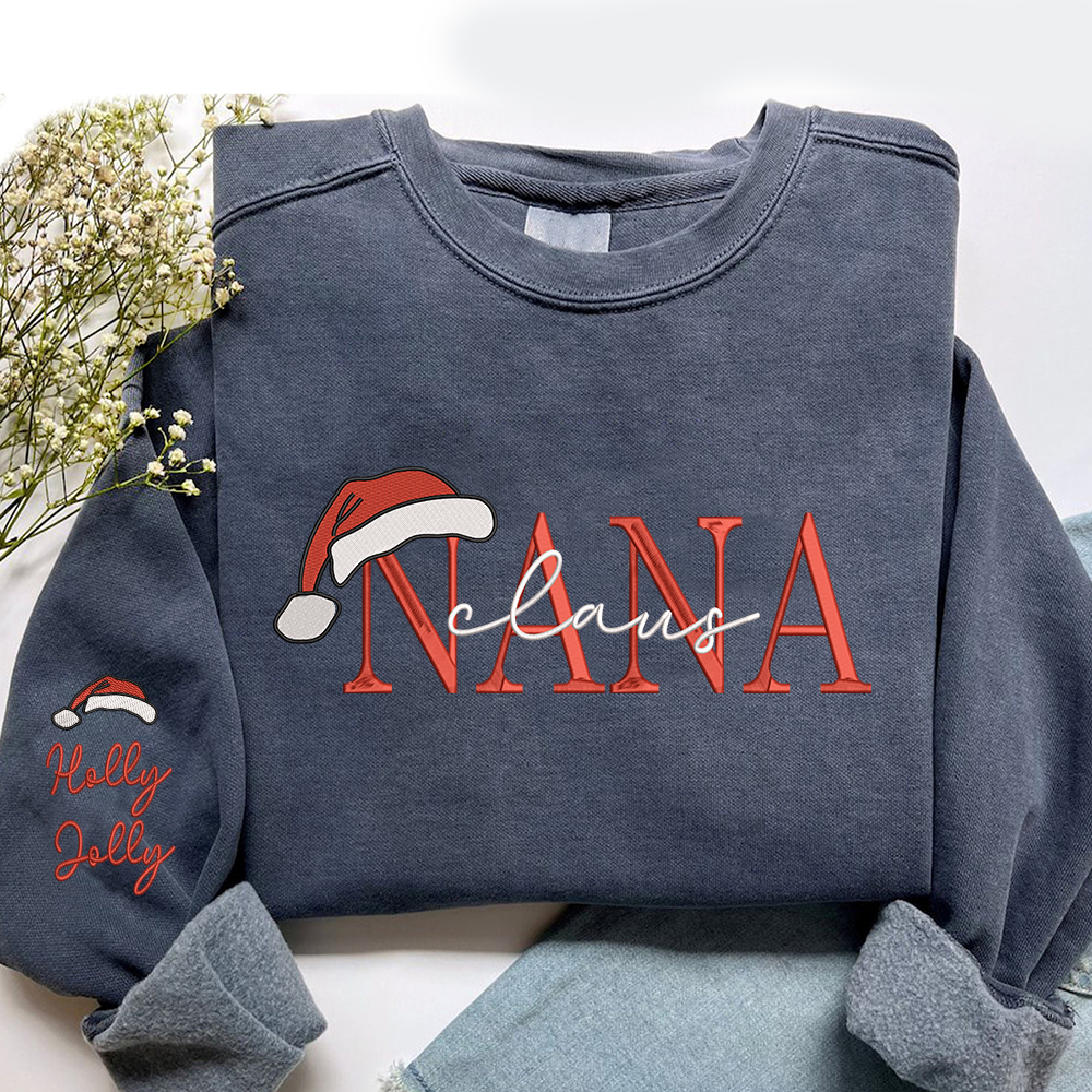 Nana Claus Christmas And Kids Embroidered Sweatshirt