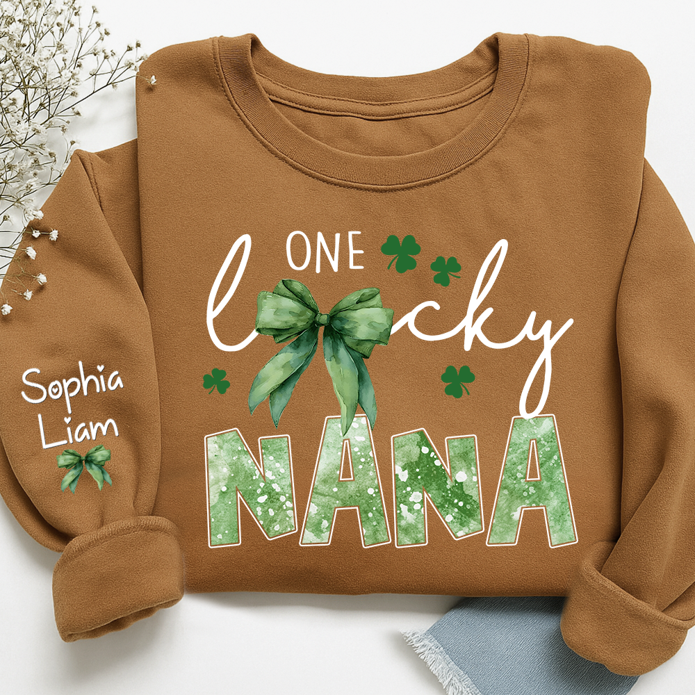 One Lucky Nana Sweatshirt for St Patrick’s Day, Personalized Grandma Shamrock Clover Sweatshirt with Kids Names
