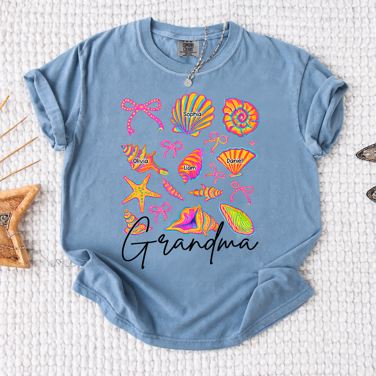 Comfort Colors Personalized Grandma Shirt with Grandkids Names, Custom Beach Seashell Grandma Tee, Coastal Summer Family Gift for Grandmother