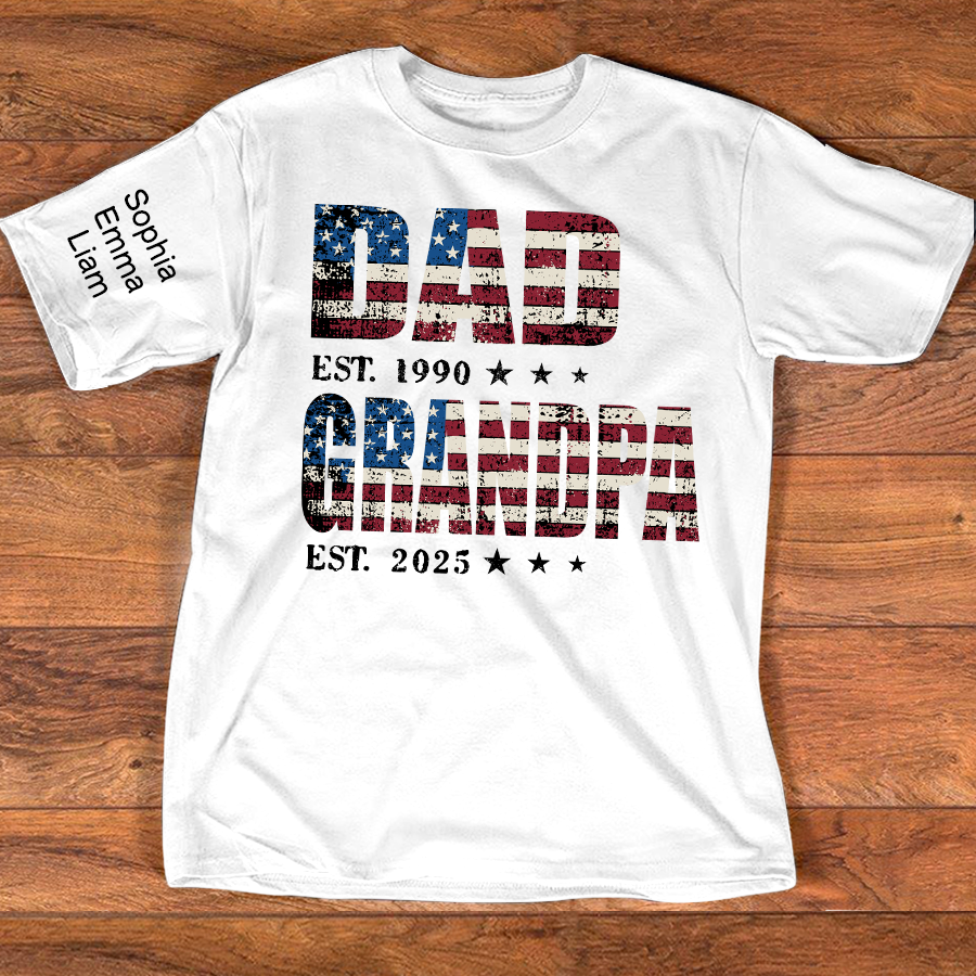 Personalized Dad Papa EST Shirt With Custom Names, Patriotic American Flag Family T Shirt