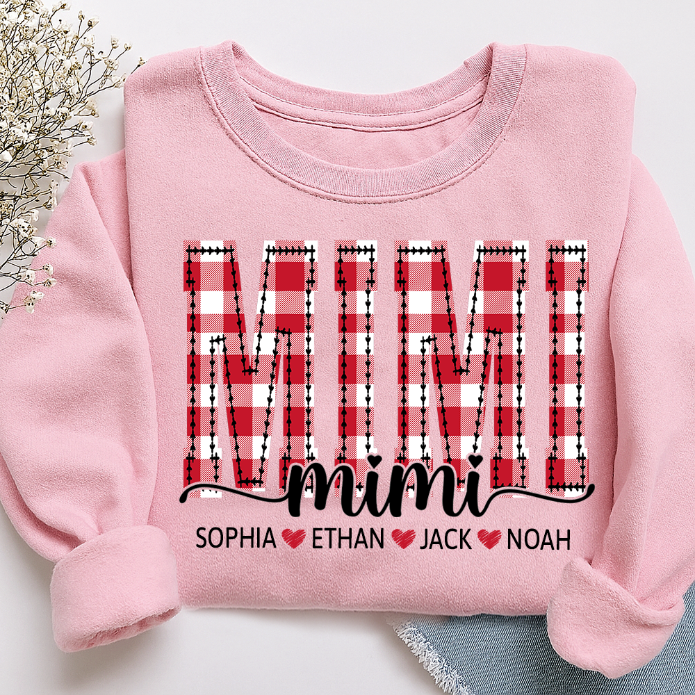 Custom Mimi Sweatshirt, Plaid Christmas Grandma Shirt with Kids Names
