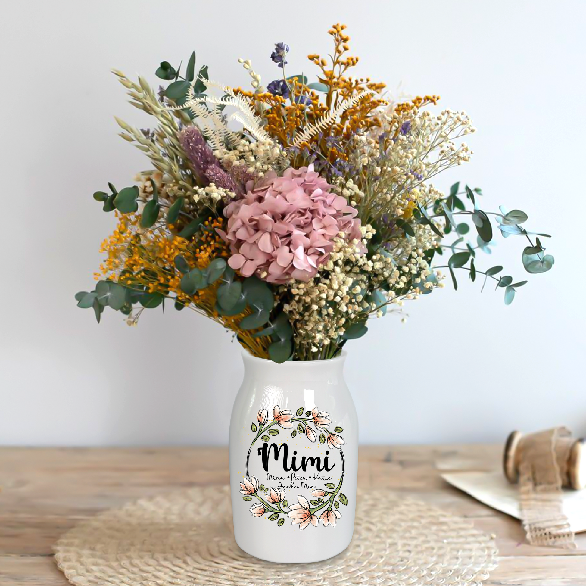 Wreath Given To Mimi And Kids - Custom Home Decoration Flower Vase According To Family Requirements - Warm Gift For Mother's Day, Ceramic Flower Vase