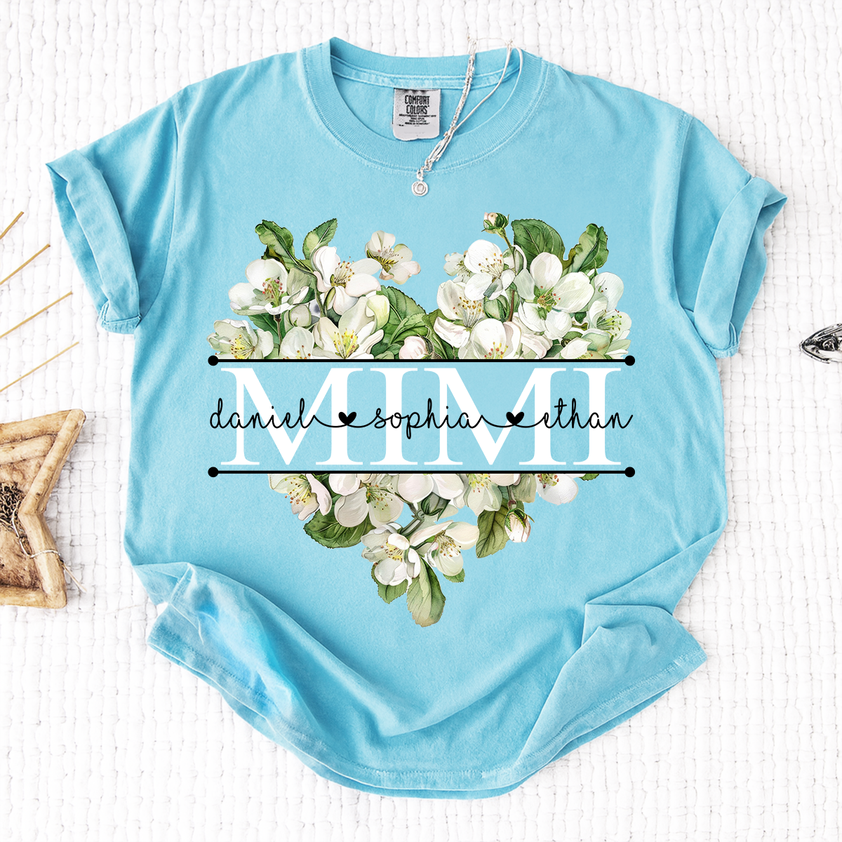 Comfort Custom Mimi T Shirt with Grandkids Names, White Floral Heart Family Tee