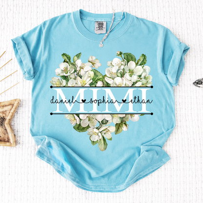 Comfort Custom Mimi T Shirt with Grandkids Names, White Floral Heart Family Tee