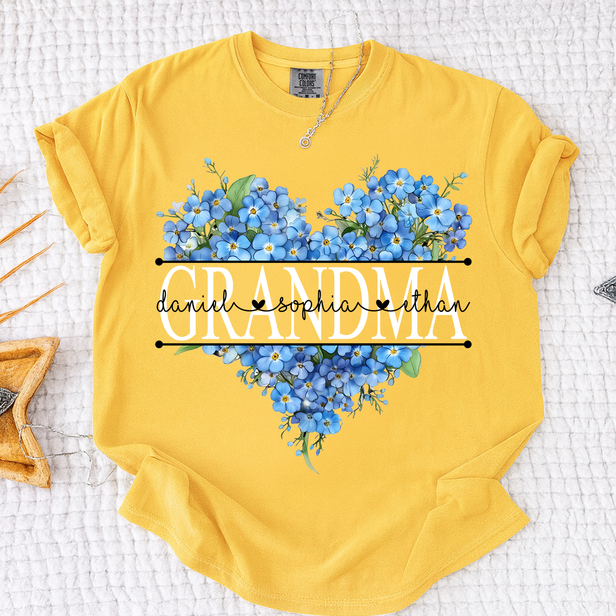 Comfort Mimi Blue Floral Shirt with Custom Grandchildren Names, Heart Family Tee