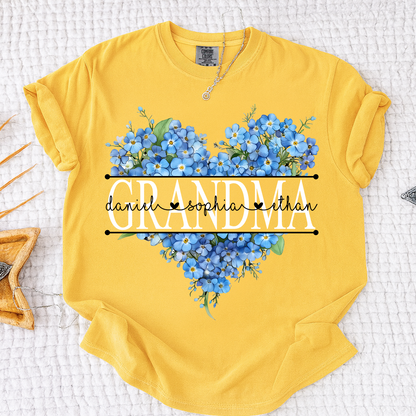 Comfort Mimi Blue Floral Shirt with Custom Grandchildren Names, Heart Family Tee