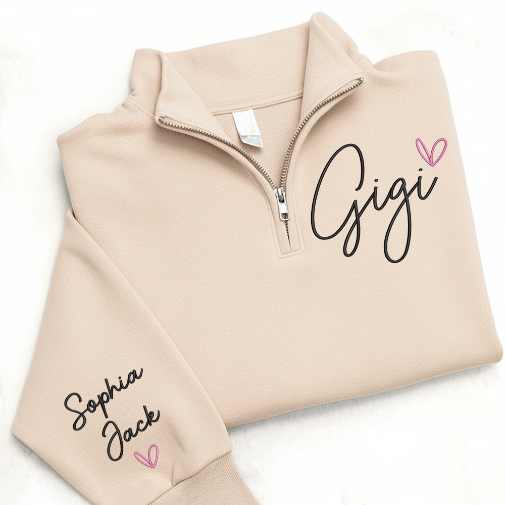 Personalized Gigi Quarter Zip Sweatshirt – Custom Embroidered Gift For Grandma Or Gigi With Grandkids Names