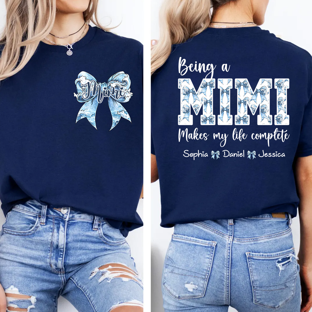 Custom Mimi T Shirt with Grandchildren Names, Blue Bow Coquette Back Design Tee, Personalized Grandma Apparel for Women
