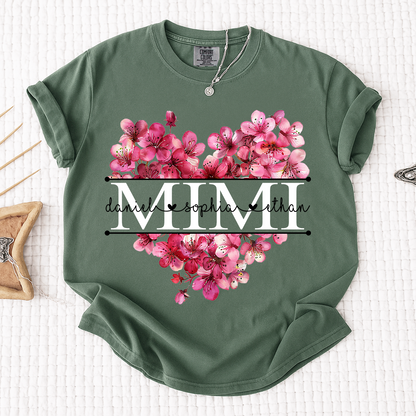 Comfort Personalized Mimi Shirt with Grandkids Names, Pink Floral Heart Family T Shirt