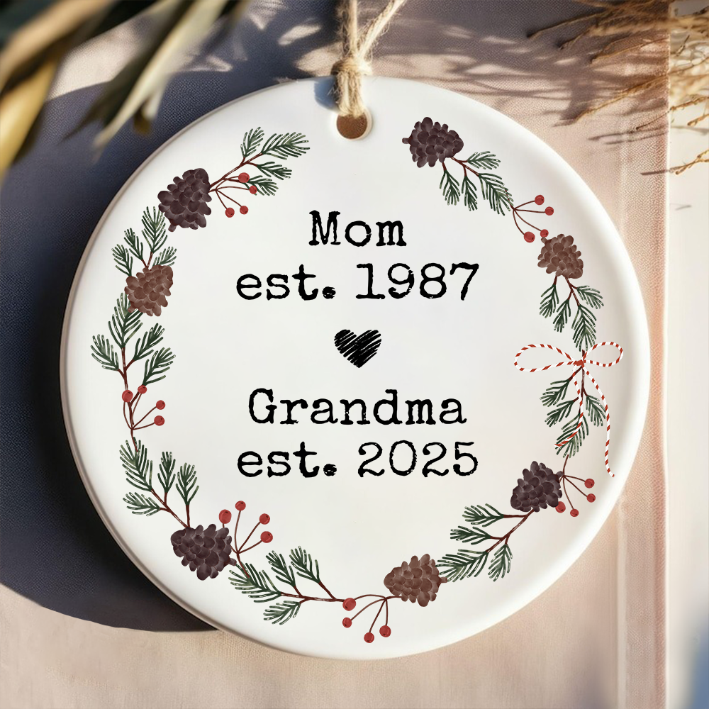 Personalized Mom And Grandma Ornament, Custom Established Year Christmas Wreath Decoration 2025