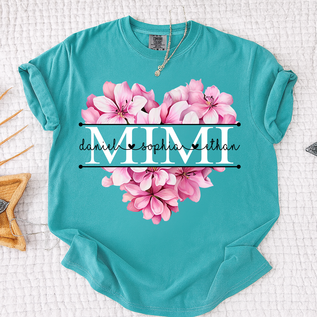 Comfort Colors Pink Floral Heart Design Family Tee, Personalized Mimi Shirt with Custom Names