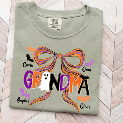 Comfort Colors® Personalized Halloween Grandma T-Shirt, Cute Ghost & Bat Design with Grandkids' Names