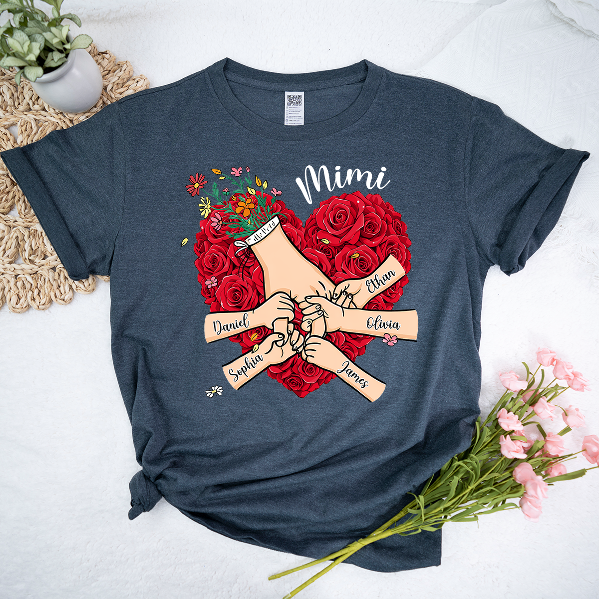 Mimi Heart Shirt, Custom Floral Handprint Family Shirt, Personalized Grandkids Names Tee, Special Gift for Mimi