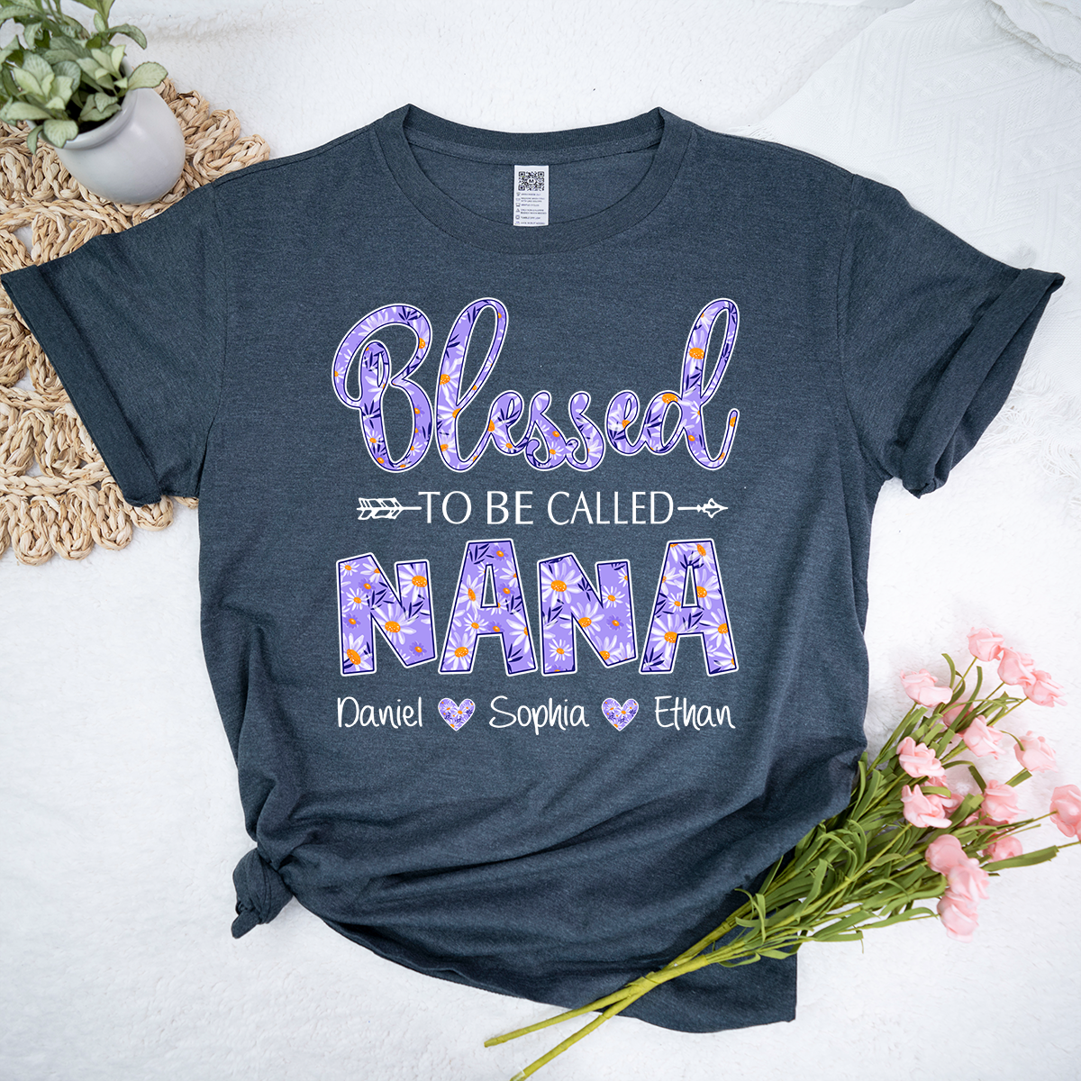 Blessed to Be Called Nana Shirt, Personalized Grandma T Shirt with Grandkids Names, Purple Floral Design