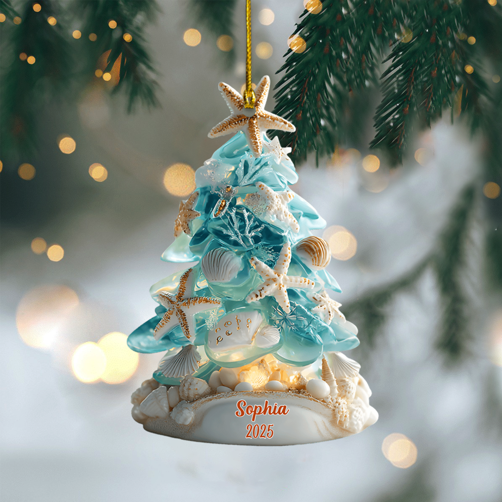 Personalized Beach Christmas Tree Ornament 2025 – Custom Name Coastal Seashell Holiday Decoration Ornament