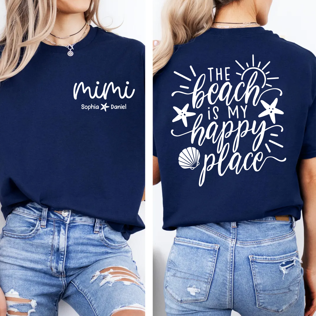 Personalized Mimi The Beach Is My Happy Place Shirt, Custom Grandkids Names T-Shirt, Beach Lover Grandma Gift, Summer Vacation Tee