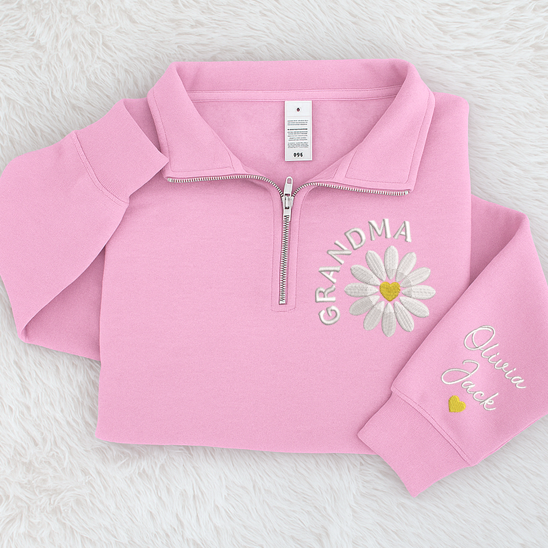 Grandma Embroidered Daisy Quarter Zip Sweater – Personalized With Grandchildren Names Gift