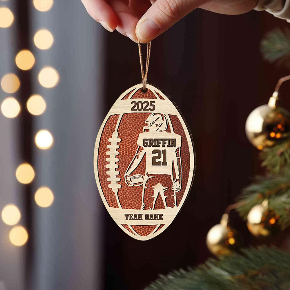 Personalized Wooden Football Ornament, Custom Name & Team Sports Christmas Decoration Wooden Ornament