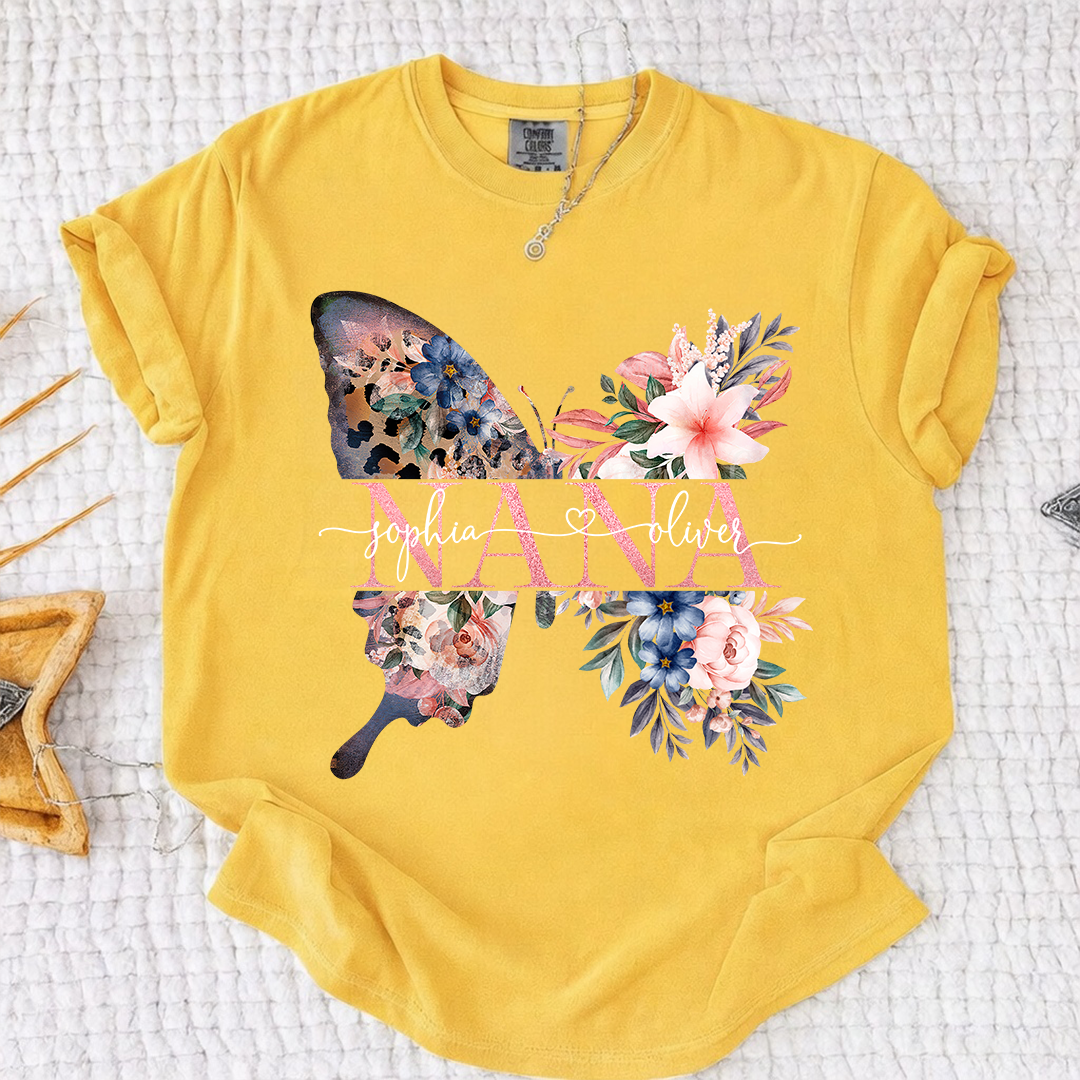 Comfort Colors Personalized Nana Shirt with Floral Butterfly Design Custom Name Grandma Mimi Gigi Family Tee Unique Grandkids Names Gift for Her