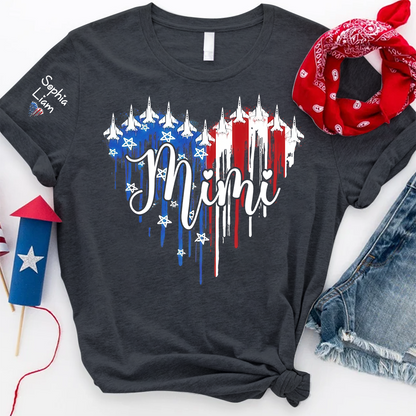 Custom Mimi Shirt with Dripping Flag, Personalized Family Names, American Flag Design, Patriotic Gift for Mimi