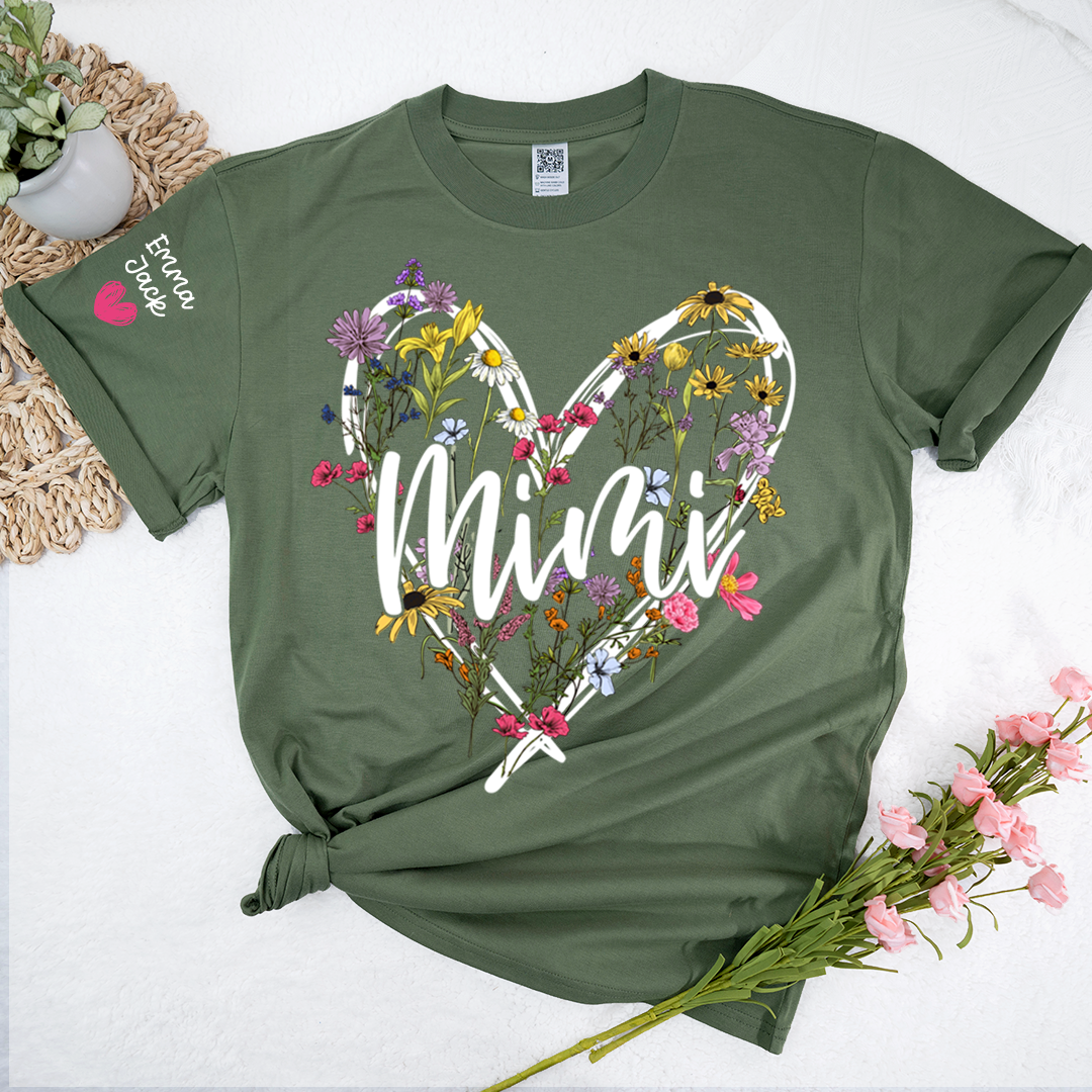 Personalized Mimi Shirt with Grandkids Names, Floral Heart Design Family Tee