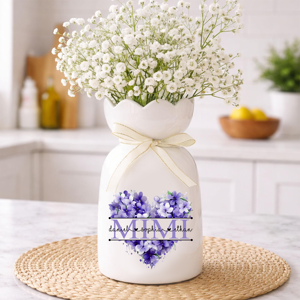 Mimi Personalized Flower Vase, Floral Heart Design with Grandkids' Names, Custom Mother's Day Gift for Mimi, Great for Birthdays