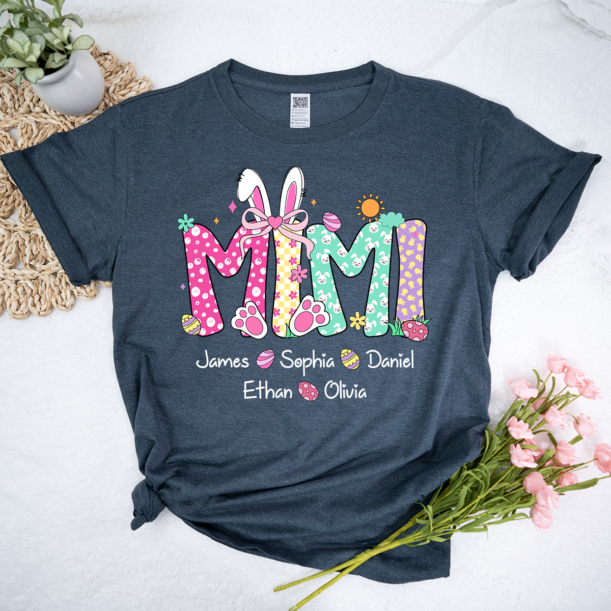 Personalized Gigi Easter Shirt With Bunny Ears, Custom Gigi Shirt With Grandkids Names
