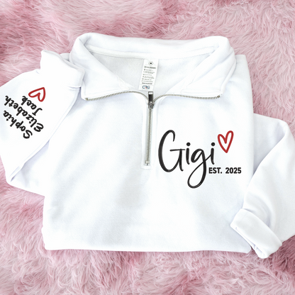 Custom Gigi Heart Embroidered Zip Sweater, Personalized For Grandma with Grandchild Names