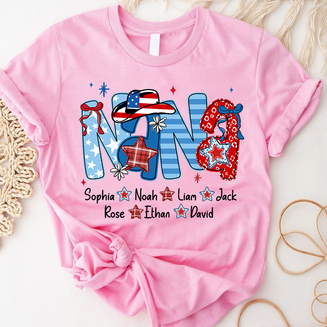 Custom Nana 4th July Independence Day American Flag T-Shirt For Grandma, Personalized Gift For Grandma And Kids