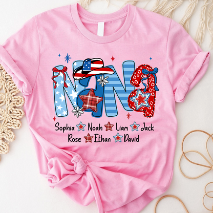 Custom Nana 4th July Independence Day American Flag T-Shirt For Grandma, Personalized Gift For Grandma And Kids