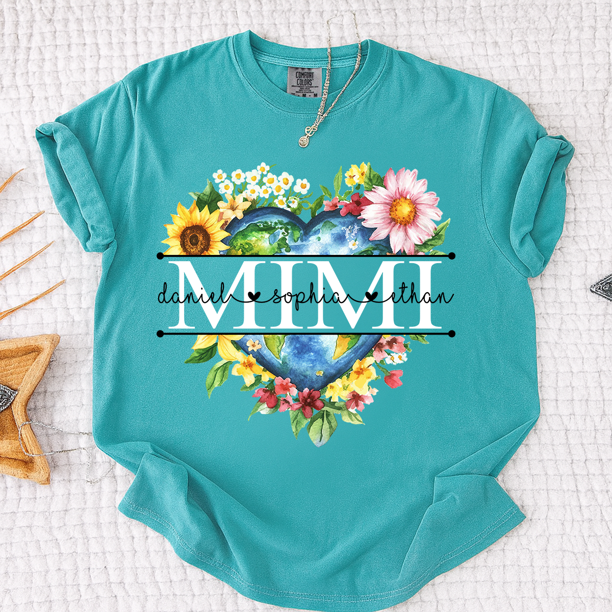 Comfort Colors Custom Mimi Heart Shaped Earth Shirt, Floral Heart Graphic with Grandkids Names, Family Love Tee