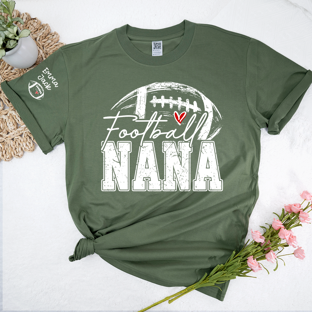 Personalized Nana Football Shirt with Heart, Custom Football Tee Kids Names And Grandma