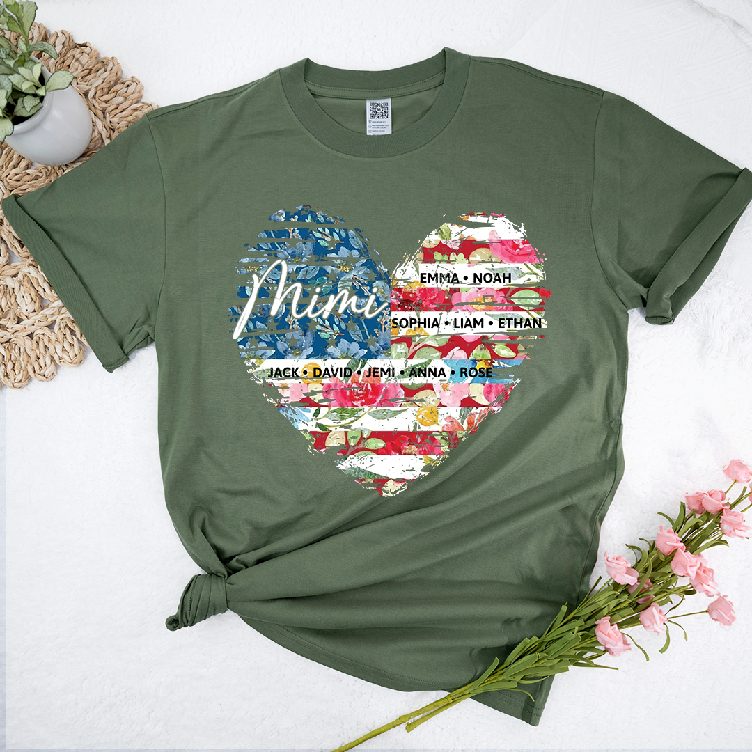 Personalized Mimi Heart Shirts With Children's Names, Family T-Shirts With Stylized Floral And American Flag Designs
