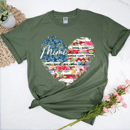 Personalized Mimi Heart Shirts With Children's Names, Family T-Shirts With Stylized Floral And American Flag Designs