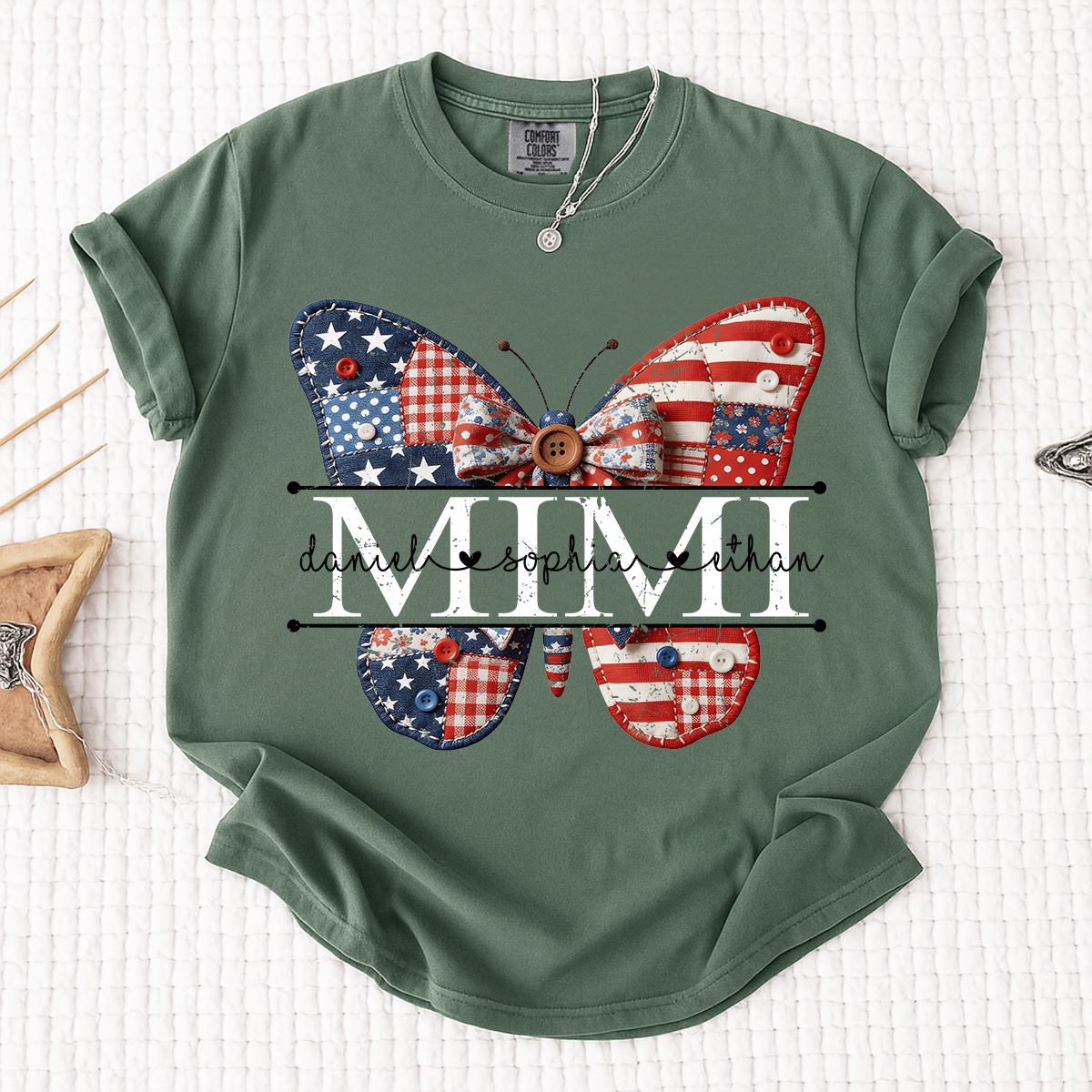 Comfort Mimi Patriotic Shirt, Custom Names with USA Flag and Floral Butterfly Graphic