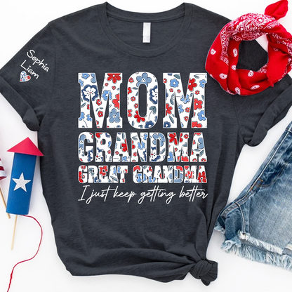 Mom Grandma Great Grandma Shirt, Patriotic Floral Tee with Custom Names, Gift for Mom Grandma Great Grandma Family Shirt