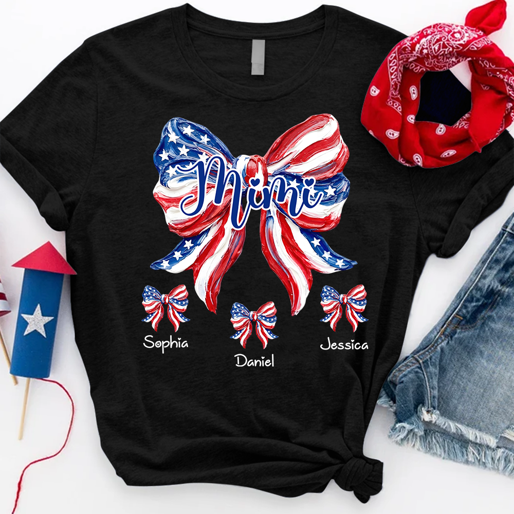 Patriotic Mimi Shirt for Grandma, Custom USA Flag Bow Tee, Personalized Family Names Summer Holiday Gift
